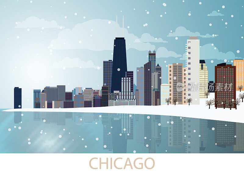 芝加哥的冬季全景:摩天大楼、结冰的密歇根湖、威利斯大厦、树木、雪花、蓝天和阳光明媚的日子。风景，风景，雪，旅行，美国。向量EPS 10
